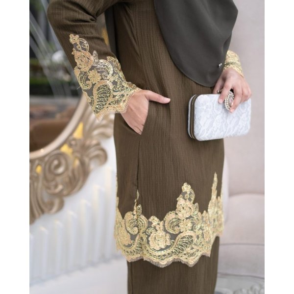 Baju Kurung Moden Lace Hayley - Olive Green - Image 2