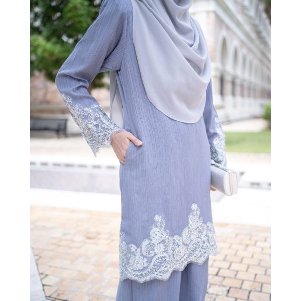 Baju Kurung Moden Lace Hayley - Steel Grey - Image 2